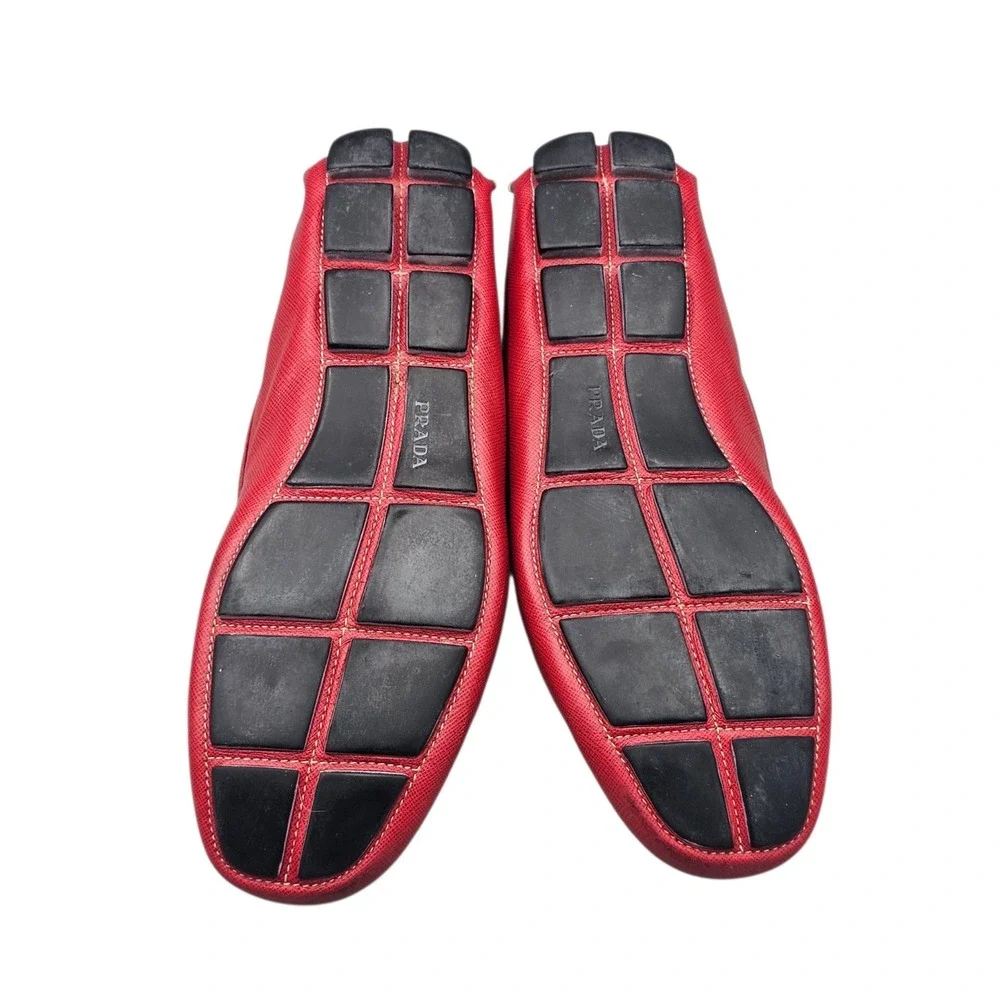 PRADA Men's Size 10.5 US EUC Red Leather Driving Loafers Drivers Shoes W Box &..